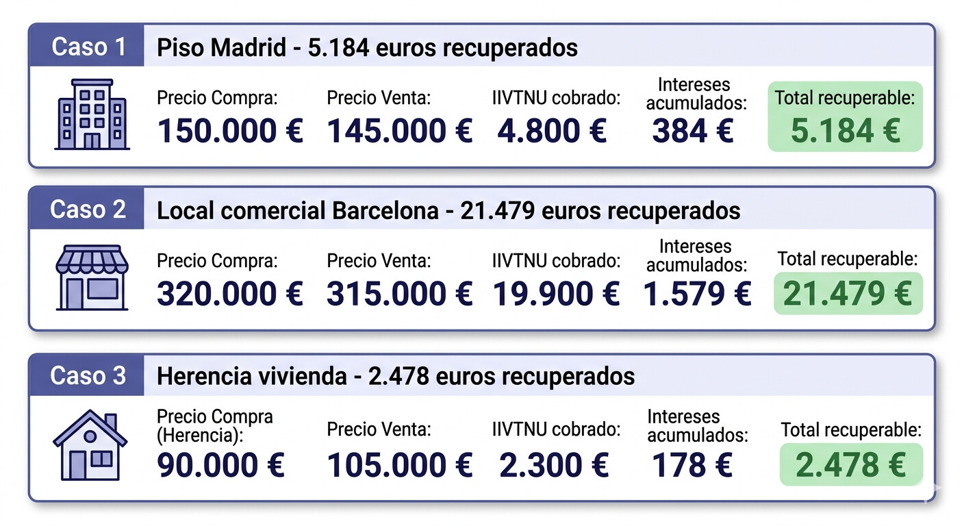 Tres ejemplos de devoluciones de plusvalía municipal con cifras: piso Madrid 2012, local comercial Barcelona 2015, herencia vivienda Sevilla 2019