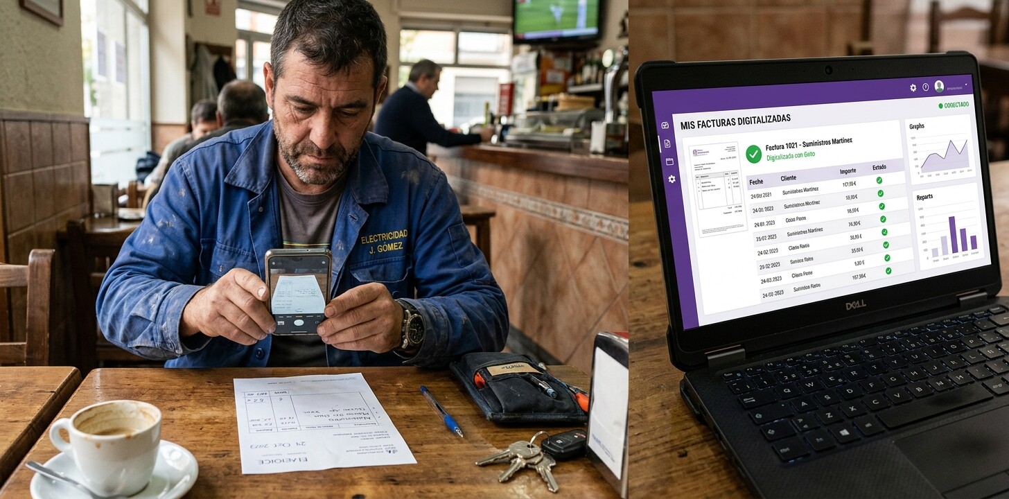 Cliente de una gestoría fotografiando una factura con el móvil para subirla al portal de cliente, con el documento procesado apareciendo en el panel del despacho