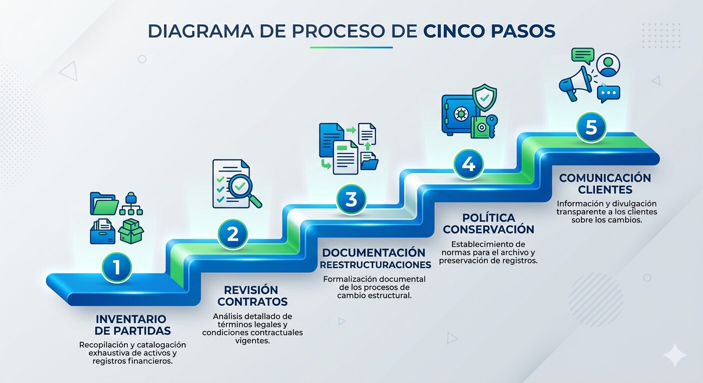 Diagrama de cinco pasos del protocolo preventivo para gestorías ante la comprobación de ejercicios prescritos