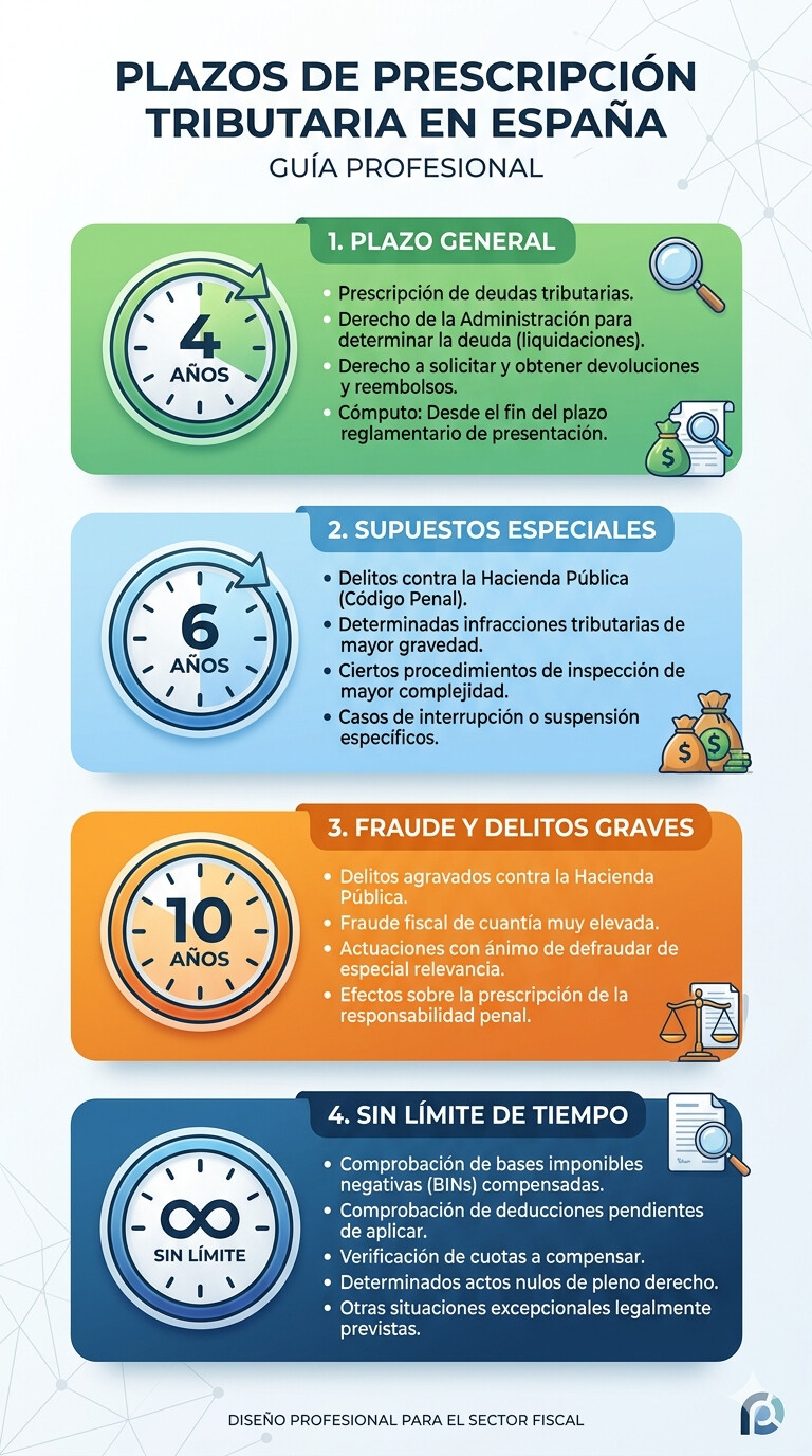 Infografía con los cuatro niveles de plazo de prescripción tributaria en España 2026: 4 años, 6 años, 10 años, sin límite