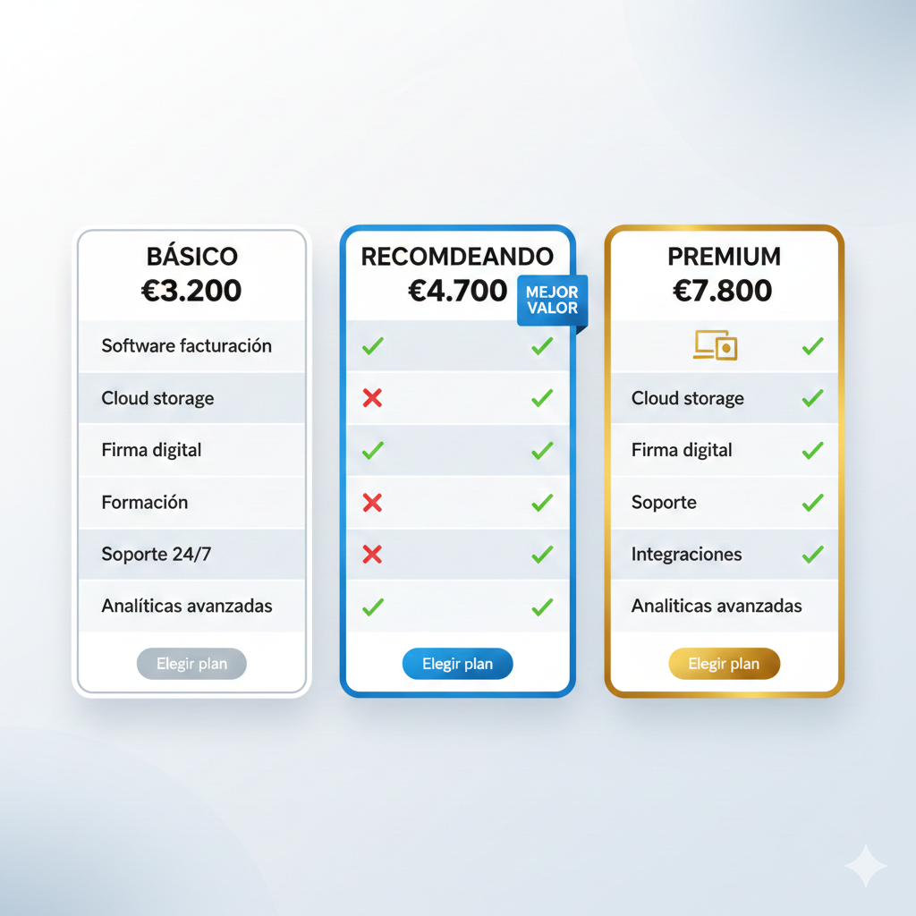 Tabla comparativa presupuesto digitalización gestoría en 3 niveles: básico 3.2K euros, recomendado 4.7K euros, premium 7.8K euros