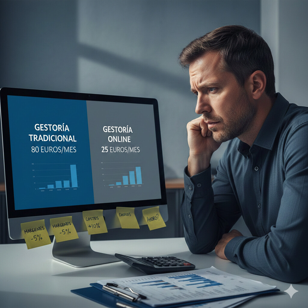 Gestor administrativo analizando tarifas de competencia en tablet, rodeado de calculadora, informes de márgenes, y gráficos de evolución precios 2020-2026, oficina moderna con luz natural