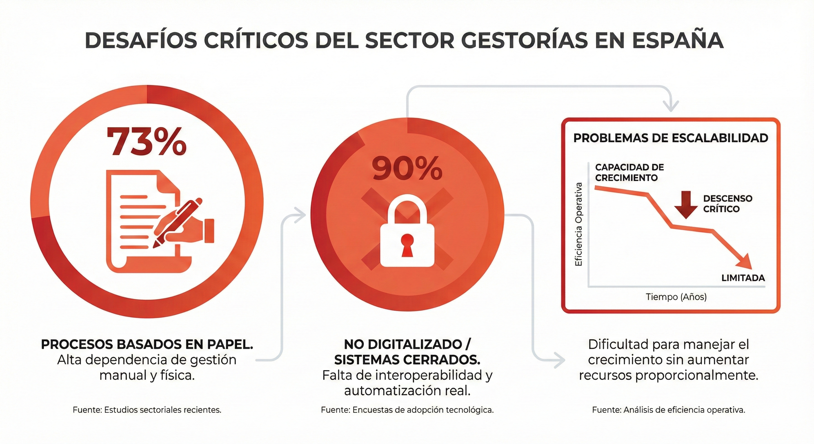 Infografía mostrando estadísticas críticas del sector gestorías España 2025: 73% papel, 90% sin digitalizar, problemas escalabilidad