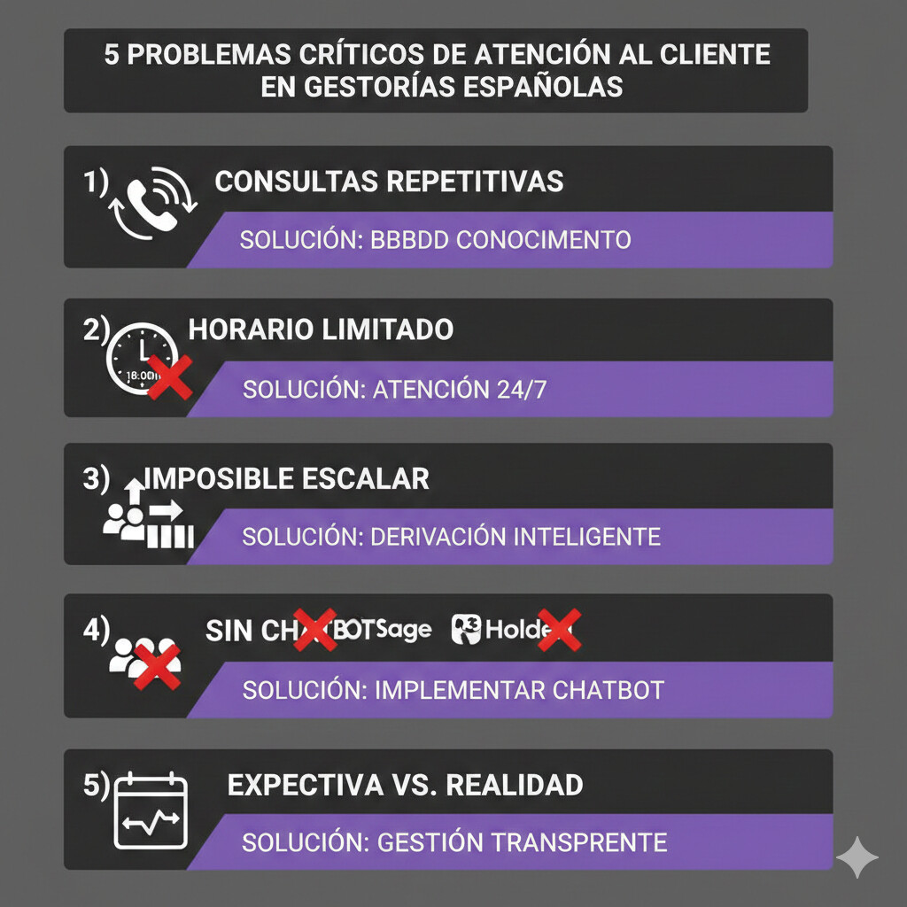 Infografía mostrando los 5 problemas críticos de atención al cliente en gestorías españolas: consultas repetitivas, horario limitado, imposibilidad escalar, software sin chatbot, y gap expectativas cliente vs realidad SLA