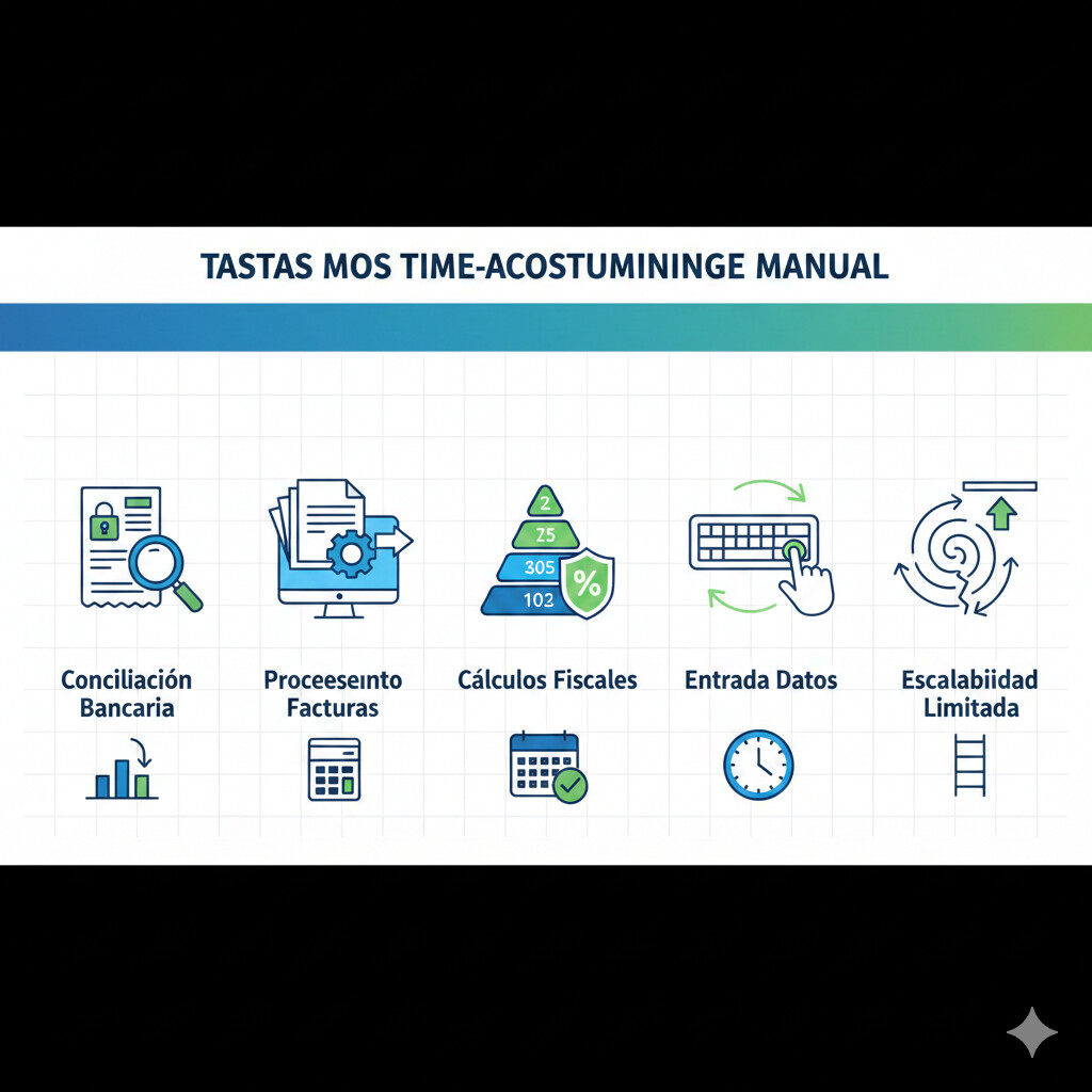 Infografía visual con 5 iconos representando las tareas contables manuales más costosas en gestorías: conciliación bancaria, procesamiento facturas, cálculos fiscales, entrada datos, escalabilidad limitada