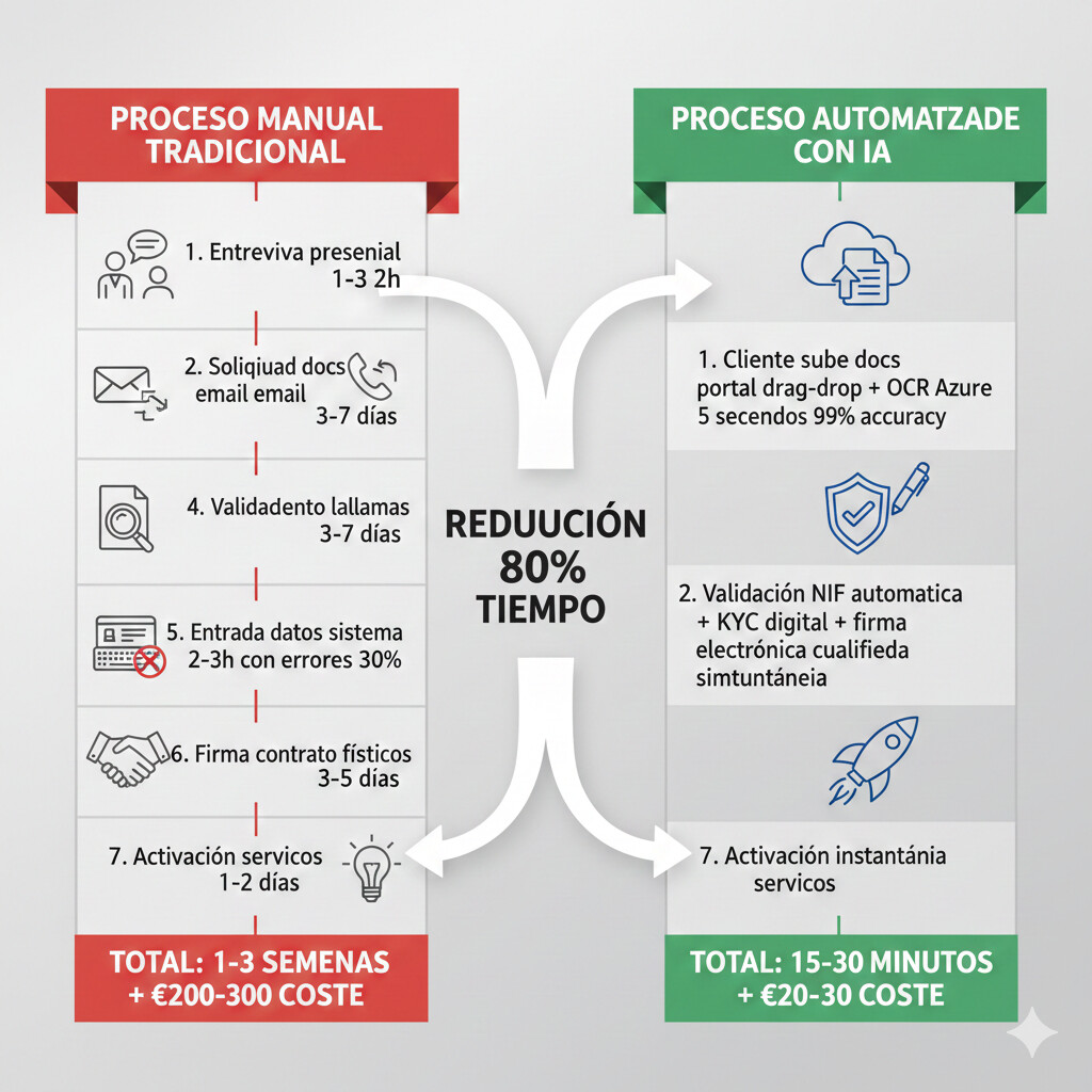 Diagrama comparativo proceso alta cliente manual 7 pasos vs automatizado 3 pasos con lectura automática de documentos inteligente, validación NIF y firma digital reduciendo tiempo de 2-3 semanas a 15 minutos