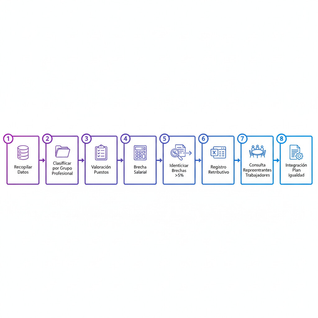 Diagrama flujo auditoría retributiva obligatoria: recopilar datos retributivos, clasificar puestos grupo profesional, valoración puestos método factores, calcular brecha salarial por grupo, identificar brechas superiores 5 por ciento, registro retributivo, consulta RLT, integración plan igualdad