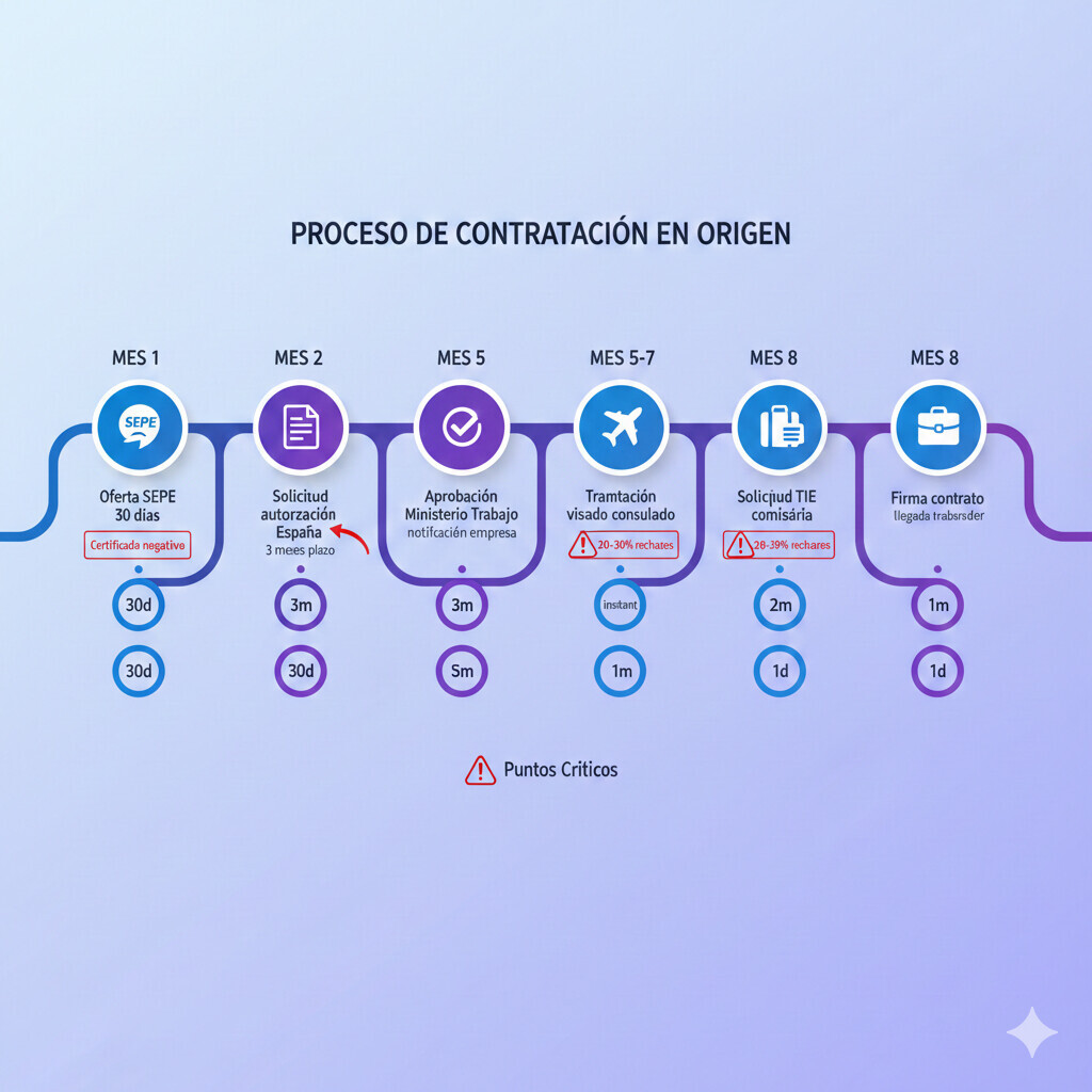Timeline visual mostrando el proceso completo de contratación en origen mes a mes, desde oferta SEPE hasta inicio actividad en España, con plazos reales y puntos críticos marcados