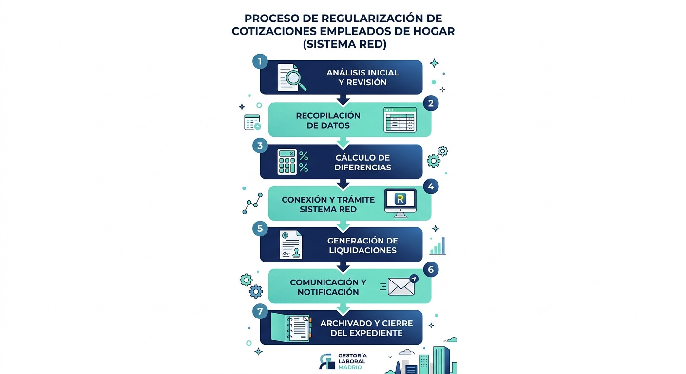 Diagrama flowchart 7 pasos regularización cotizaciones empleados hogar 2026 Sistema RED gestoría plazo 31 mayo sin recargo