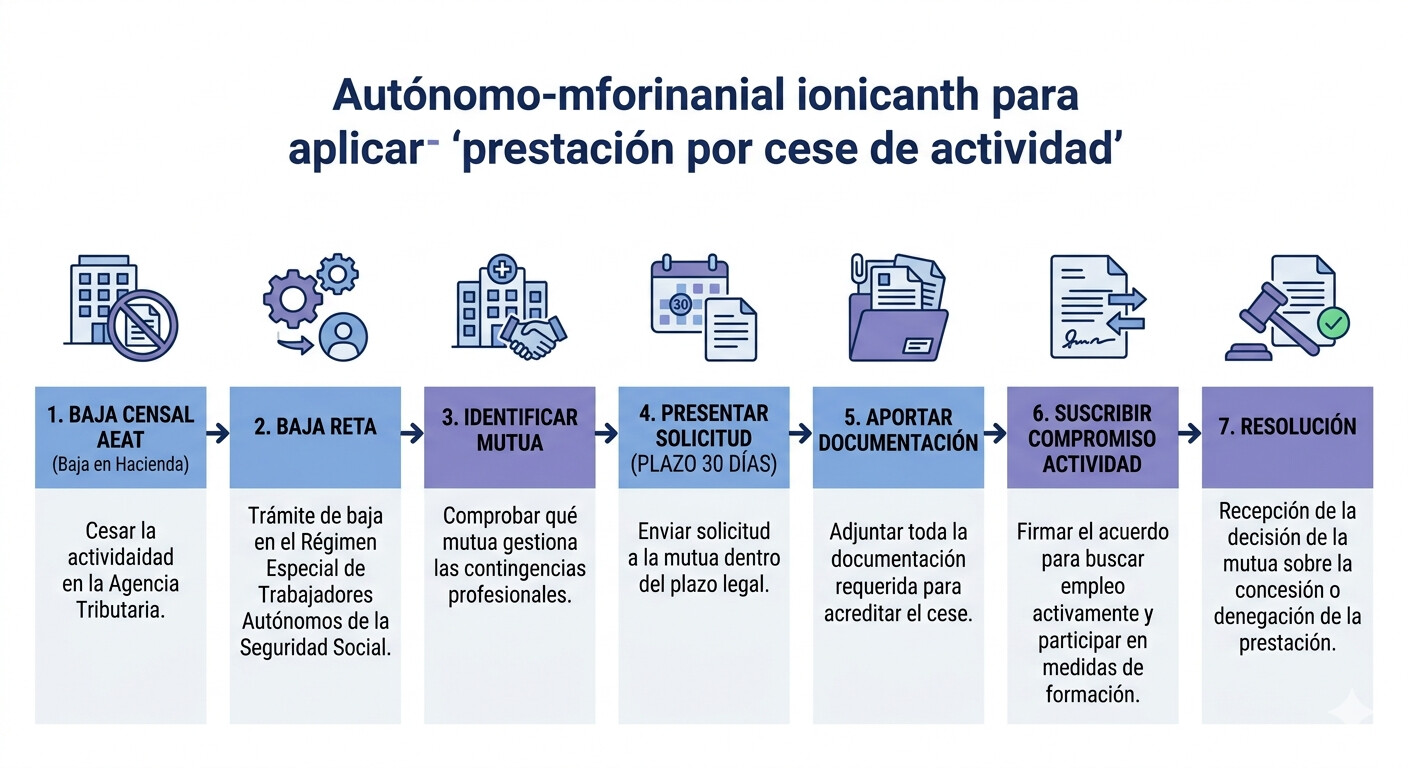 Diagrama de flujo con los pasos del proceso de solicitud de la prestacion por cese de actividad para autonomos en Espana