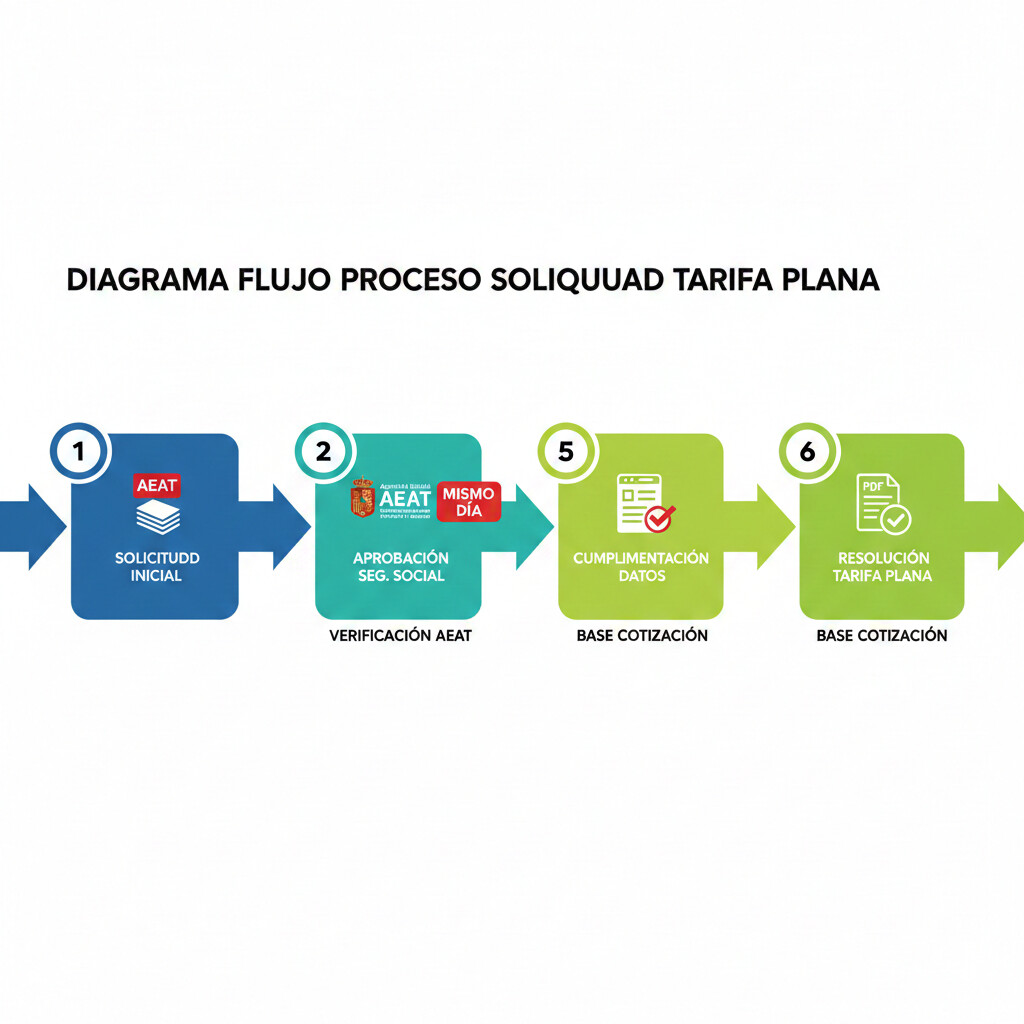 Diagrama flujo visual proceso solicitud tarifa plana autónomos 6 pasos, desde preparación documentación hasta descarga justificante con flechas y checkpoints