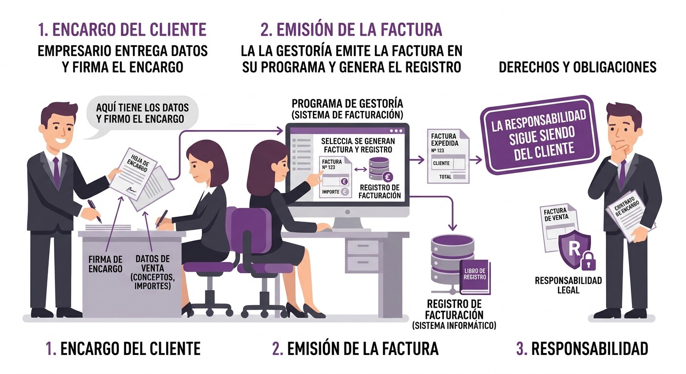 Gestoría que expide facturas por encargo de su cliente: encargo por escrito, visto bueno del cliente, registro de facturación generado por el programa del despacho y responsabilidad del cliente