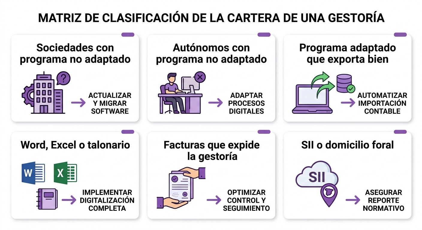 Clasificación de la cartera de una gestoría por obligación de VERI*FACTU y forma de facturar, con la acción recomendada para cada grupo de clientes