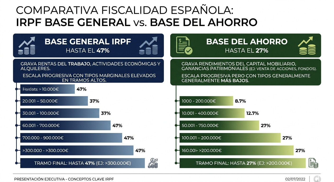 Tabla comparativa tributación IRPF 2026: base general actividad económica hasta 47% versus base ahorro ganancias patrimoniales hasta 27%, con ejemplos numéricos para traders de prop firms