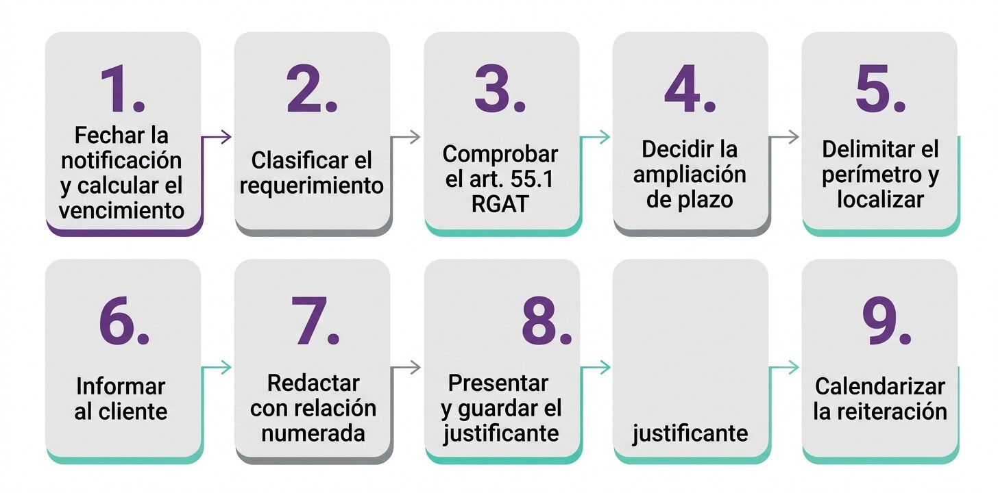 Pasos numerados del protocolo de respuesta a un requerimiento de información de la AEAT dentro del plazo de diez días hábiles