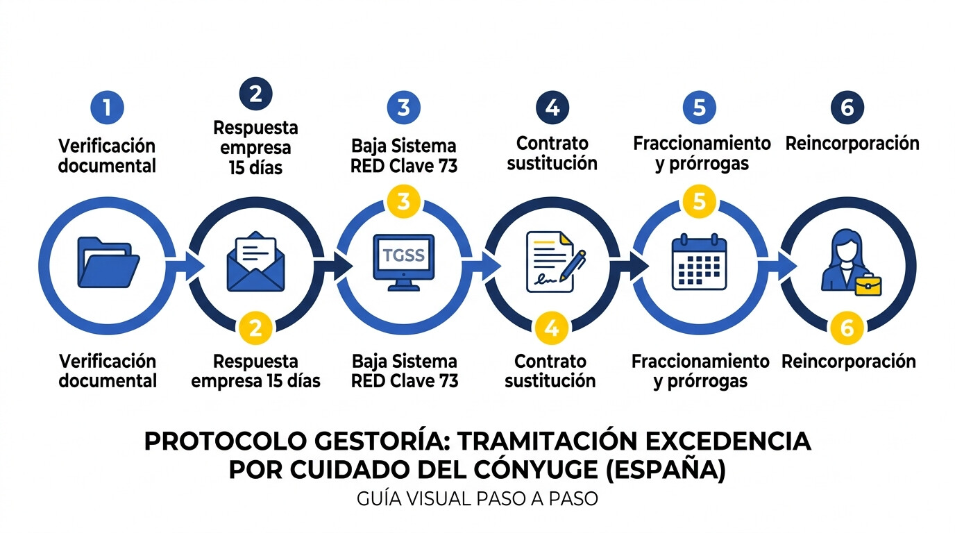 Diagrama de los 6 pasos del protocolo de la gestoría para tramitar la excedencia por cuidado del cónyuge 2026