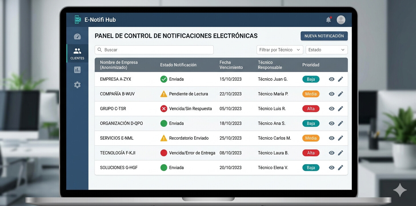 Panel de control centralizado mostrando el estado de múltiples buzones DEHú de clientes de gestoría, con indicadores de plazo y alertas