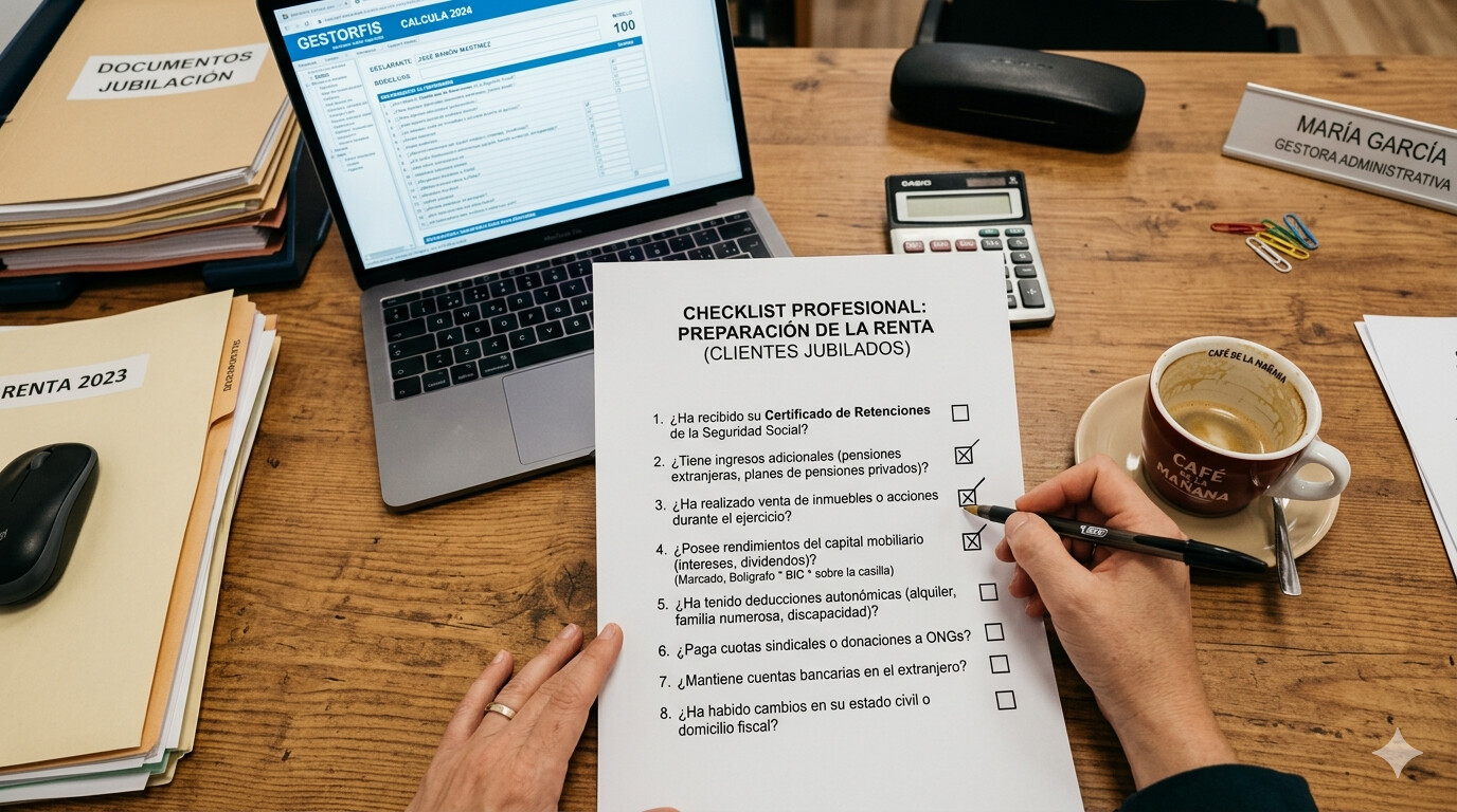 Gestor fiscal aplicando protocolo de 8 preguntas a cliente jubilado para preparar declaración renta 2025 España