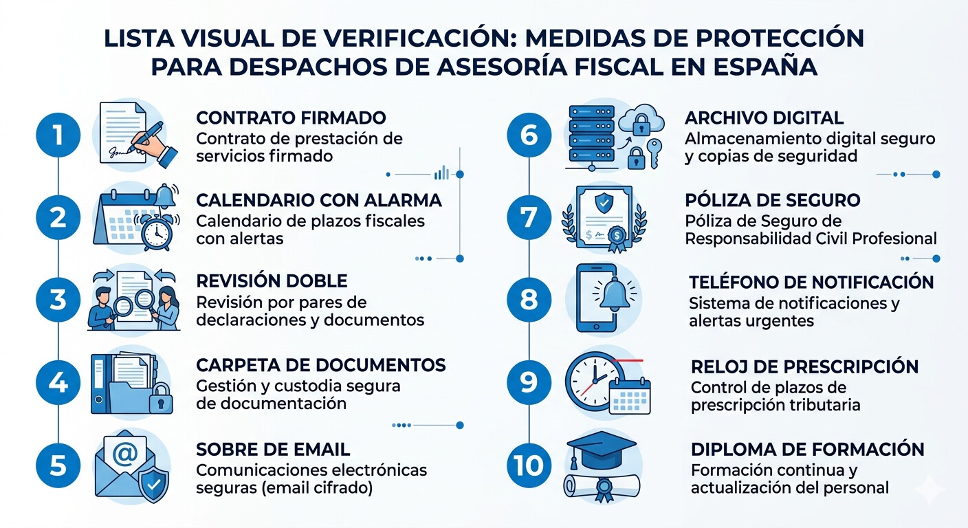 Lista visual de diez medidas de protección para gestorías y asesores fiscales frente a reclamaciones de responsabilidad civil profesional