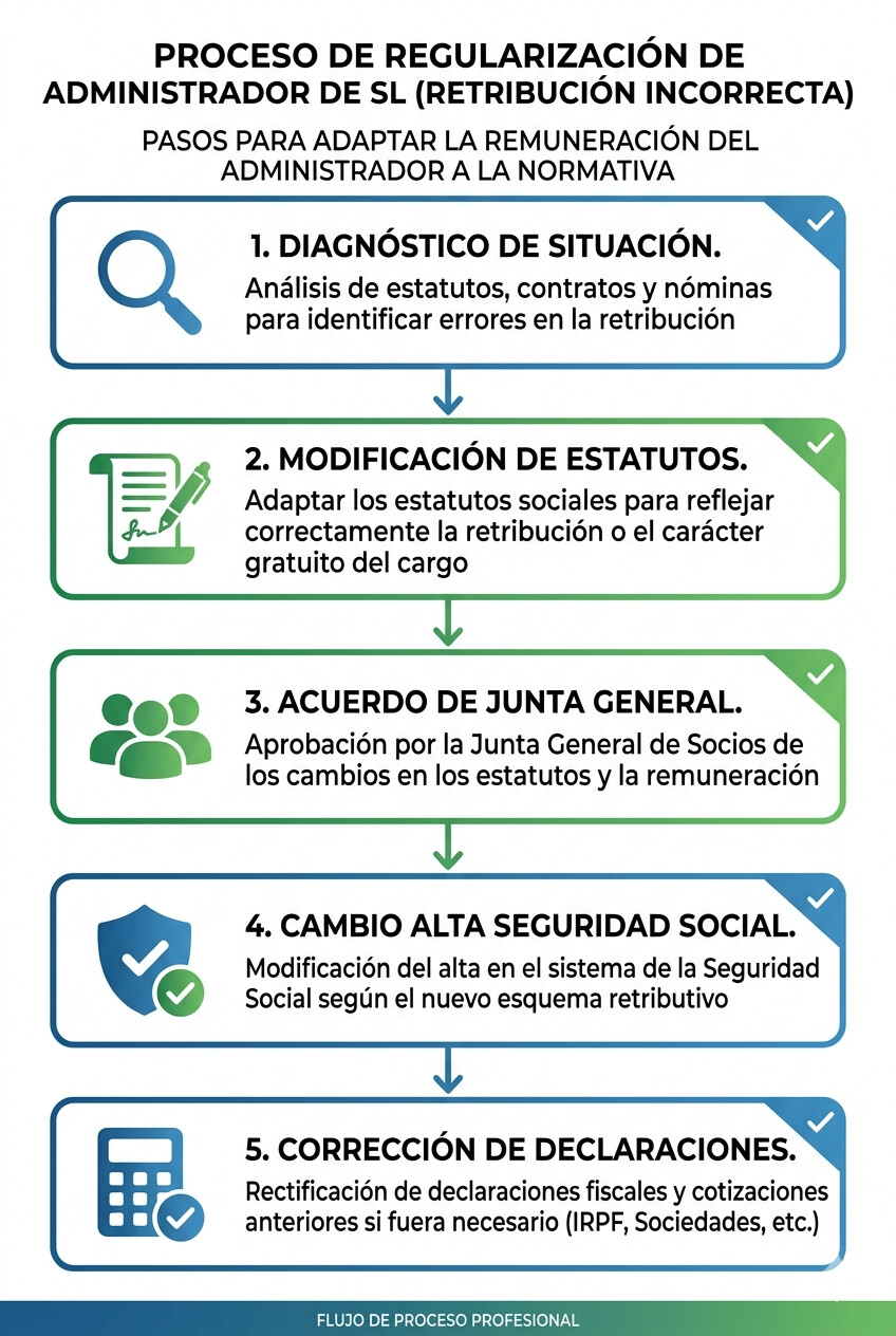 Diagrama de los pasos a seguir para regularizar la retribución incorrecta del administrador de una SL ante la AEAT, incluyendo modificación de estatutos y presentación complementaria