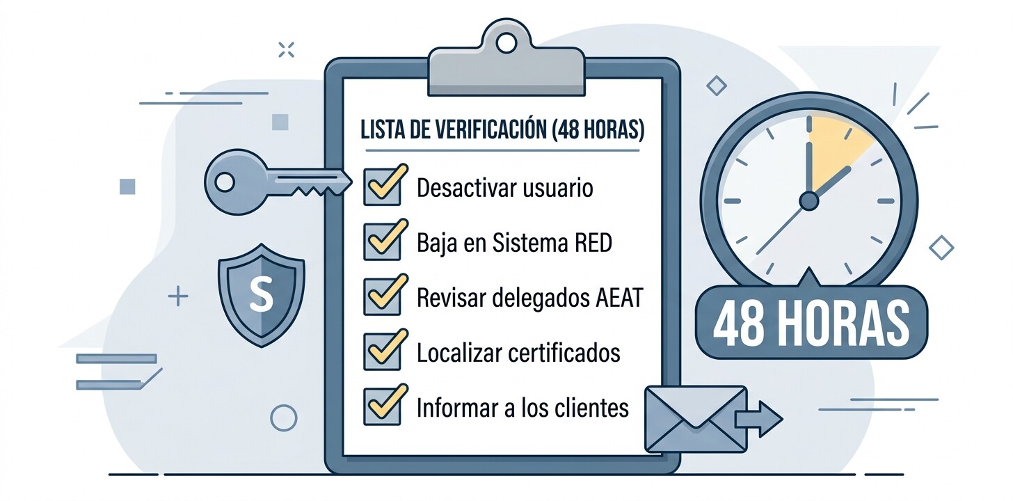 Protocolo de salida de un empleado de gestoría en 48 horas: accesos al programa, Sistema RED, AEAT, certificados y comunicación con clientes