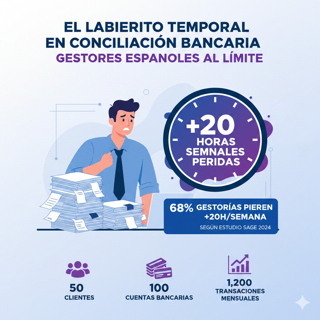 Diagrama mostrando tiempo perdido conciliación bancaria manual: 15-30 horas semanales vs 2 horas con automatización PSD2 y automatización