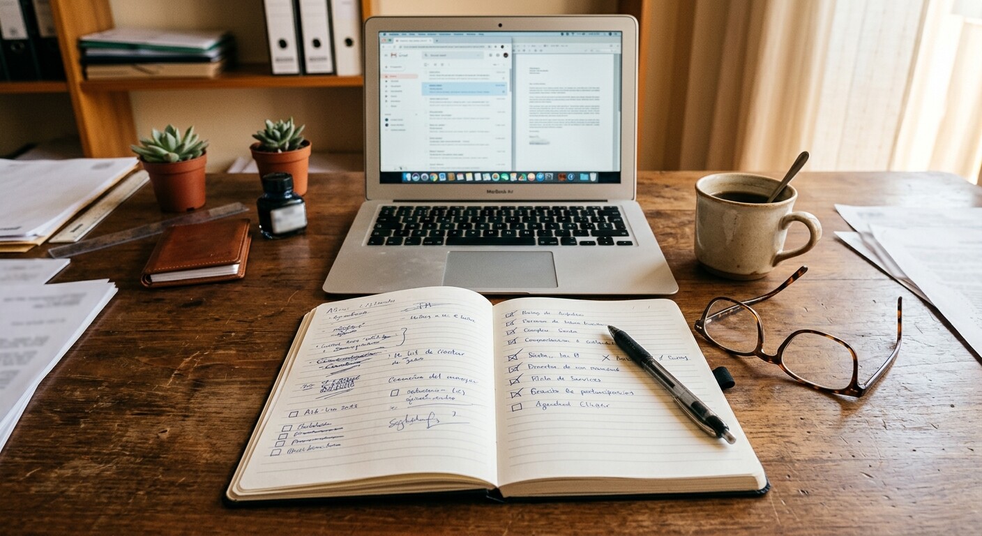 Gestor administrativo revisando en su despacho una lista de preguntas preparadas antes de una demostración de software para asesorías