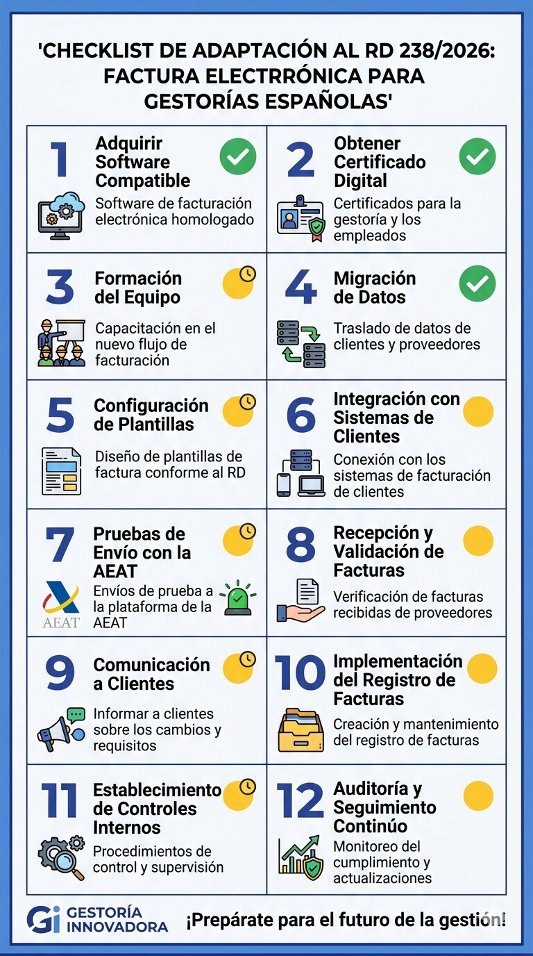 Lista de verificación 12 pasos adaptación factura electrónica B2B para gestorías españolas RD 238/2026