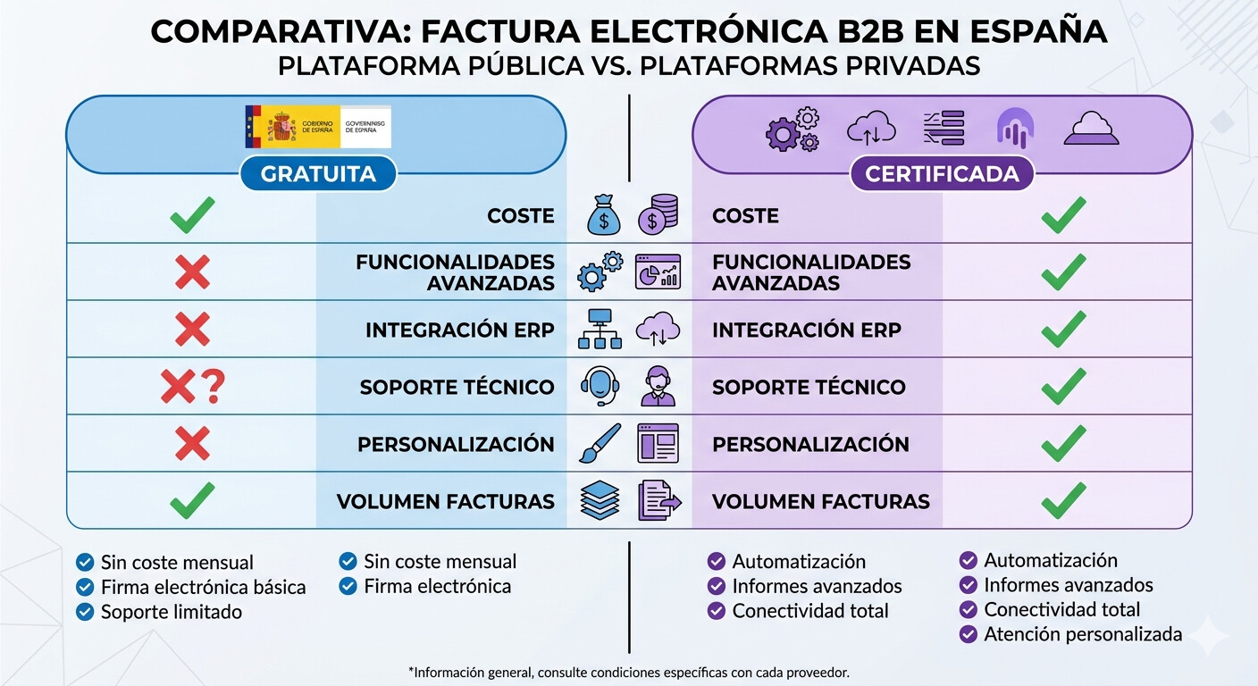 Comparativa plataforma pública AEAT gratuita vs plataformas privadas certificadas factura electrónica B2B RD 238/2026