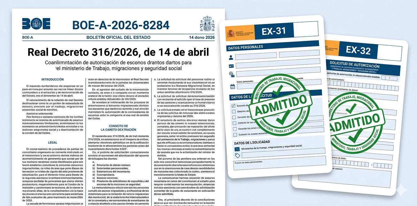 Documento BOE con Real Decreto 316/2026 y formularios EX-31 y EX-32 para regularización extraordinaria de extranjeros en España
