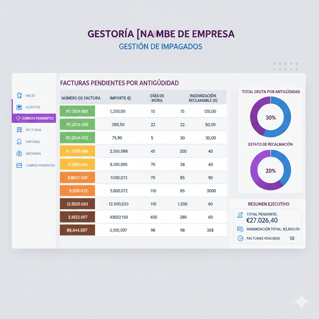 Gestoria ofreciendo servicio de reclamacion de facturas impagadas a clientes autonomos y pymes con calculo automatico de indemnizaciones y seguimiento de impagados