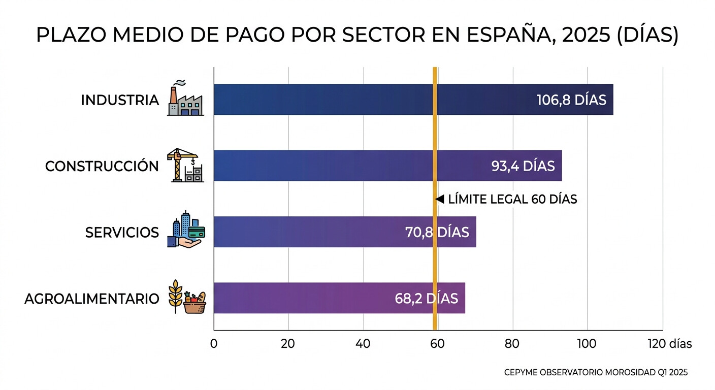 Infografía con el plazo medio de pago por sector en España en 2025: industria 106,8 días, construcción 93,4 días, servicios 70,8 días, frente al límite legal de 60 días