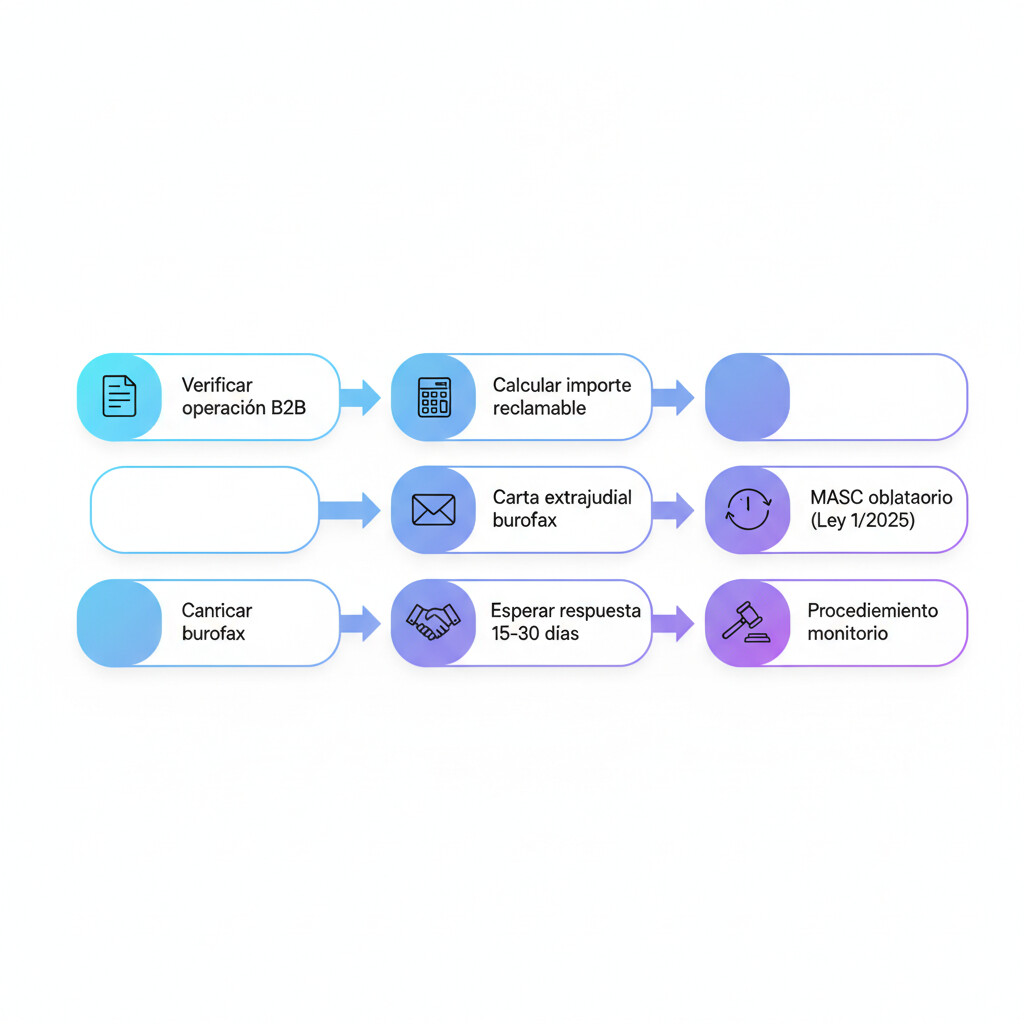 Diagrama de flujo del proceso de reclamacion de factura impagada: verificacion, calculo, carta extrajudicial, MASC, procedimiento monitorio