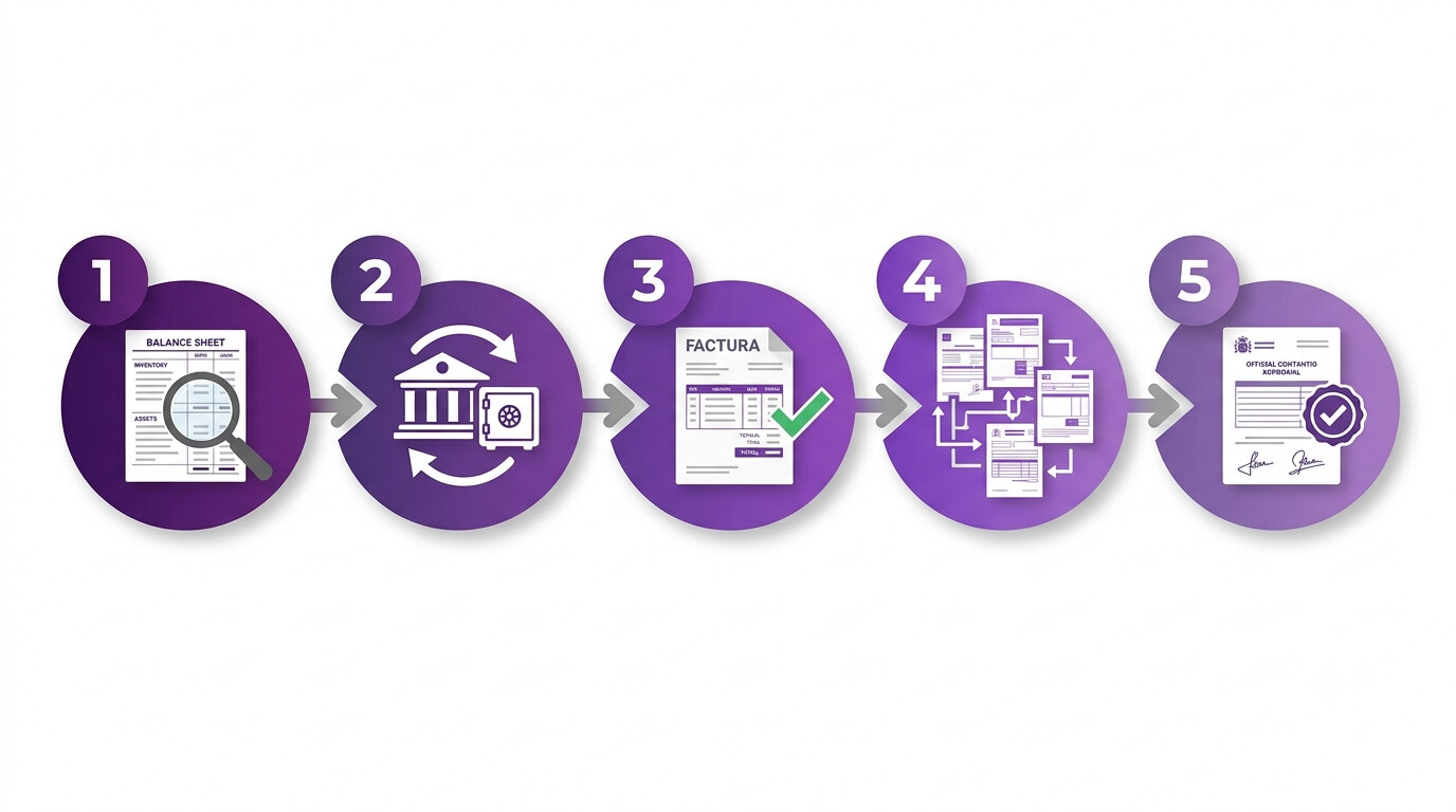 Diagrama del protocolo de reconstrucción contable en 5 pasos para gestorías: inventario, conciliación bancaria, punteo de facturas, cruce de modelos fiscales y regularización