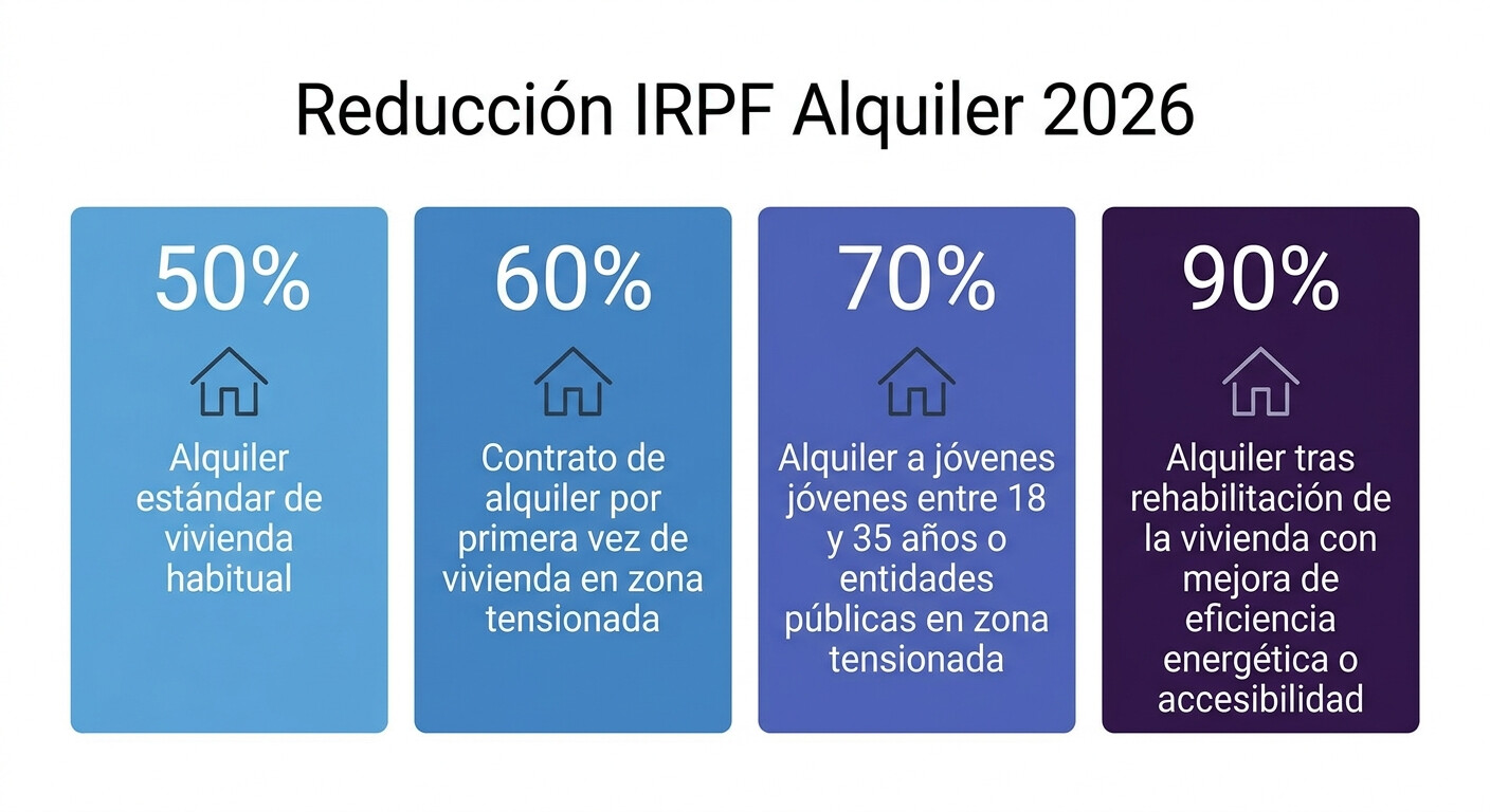Cuadro resumen de los cuatro tramos de reducción del alquiler en el IRPF 2026: 50%, 60%, 70% y 90% con sus requisitos principales