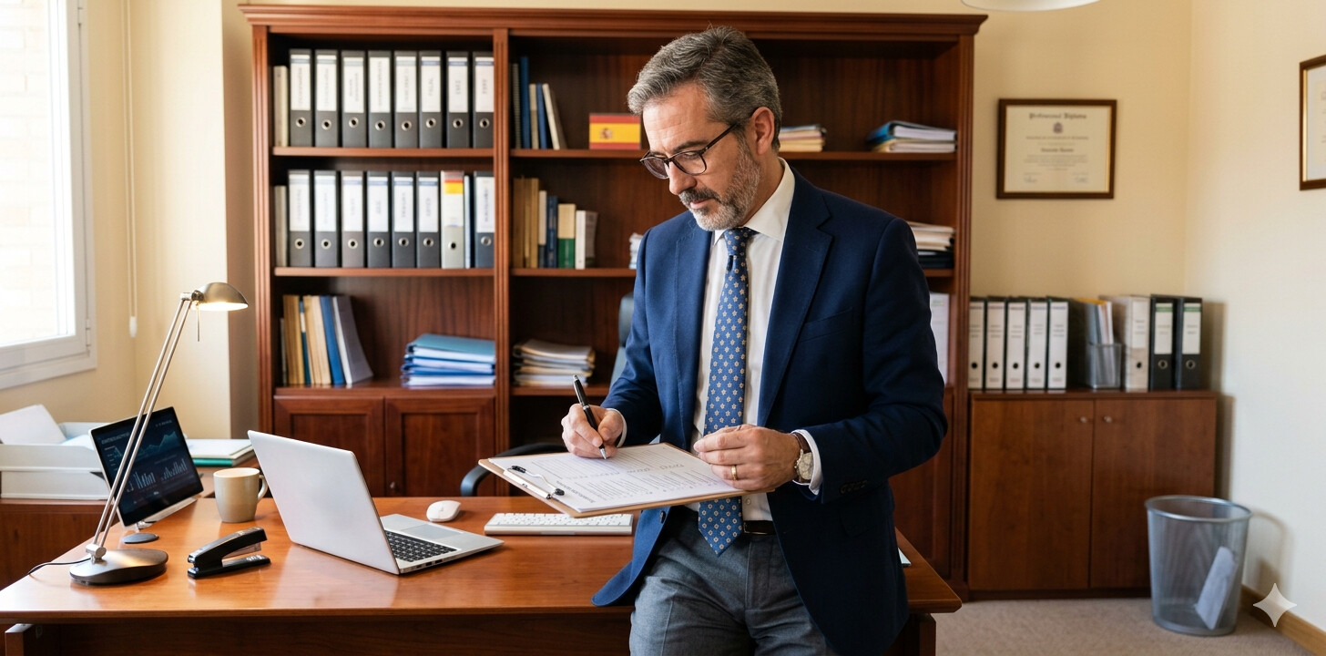 Gestor administrativo revisando lista de verificación de registro horario digital con clientes en despacho profesional en España