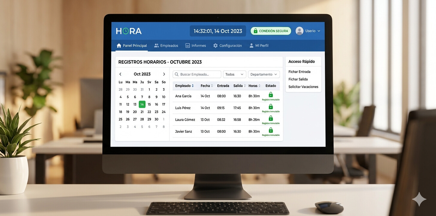 Pantalla de software de registro horario digital mostrando fichajes, inmutabilidad de datos y acceso ITSS para gestorías en España