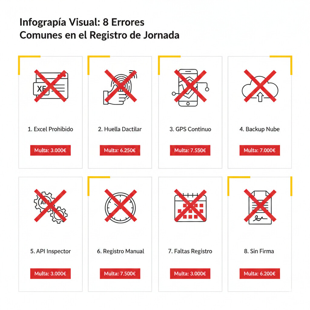 Infografía visual de los 8 errores más comunes en implementación registro jornada laboral con consecuencias económicas