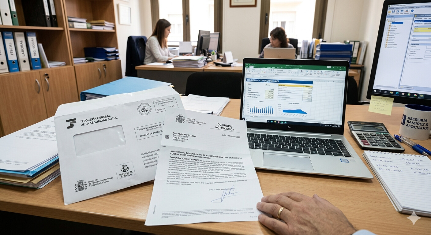 Representación visual de una notificación de la Seguridad Social sobre regularización de cuotas de autónomos societarios en 2026, con indicación de diferencias a pagar por ingresos reales no declarados