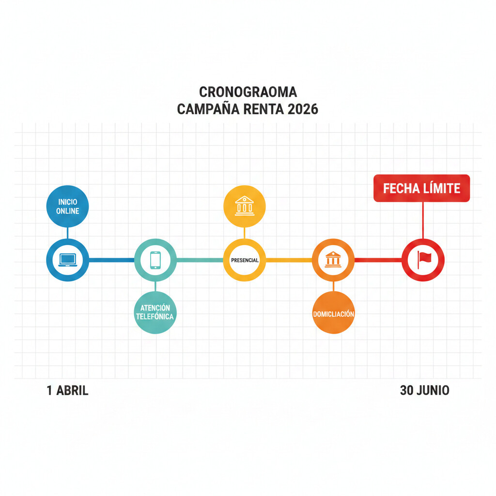 Timeline visual del calendario de la campaña Renta 2026 con las 5 fechas clave desde 8 abril hasta 30 junio