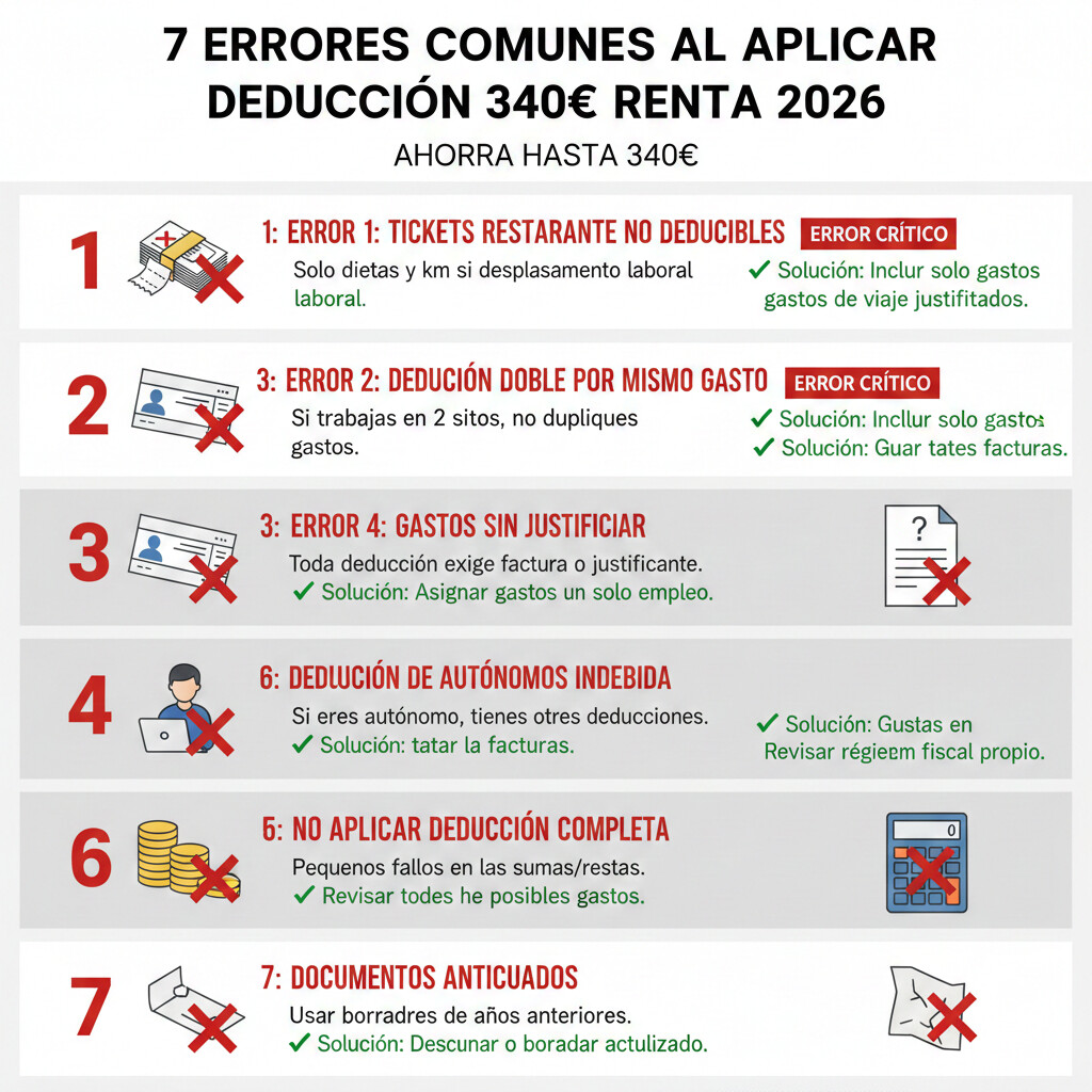 Infografía con checklist de 7 errores comunes al aplicar deducción 340 euros Renta 2026 y soluciones para evitarlos