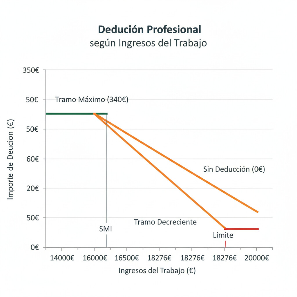Gráfico de línea interactivo mostrando deducción 340 euros decreciente según ingresos del trabajo desde 16576 hasta 18276 euros