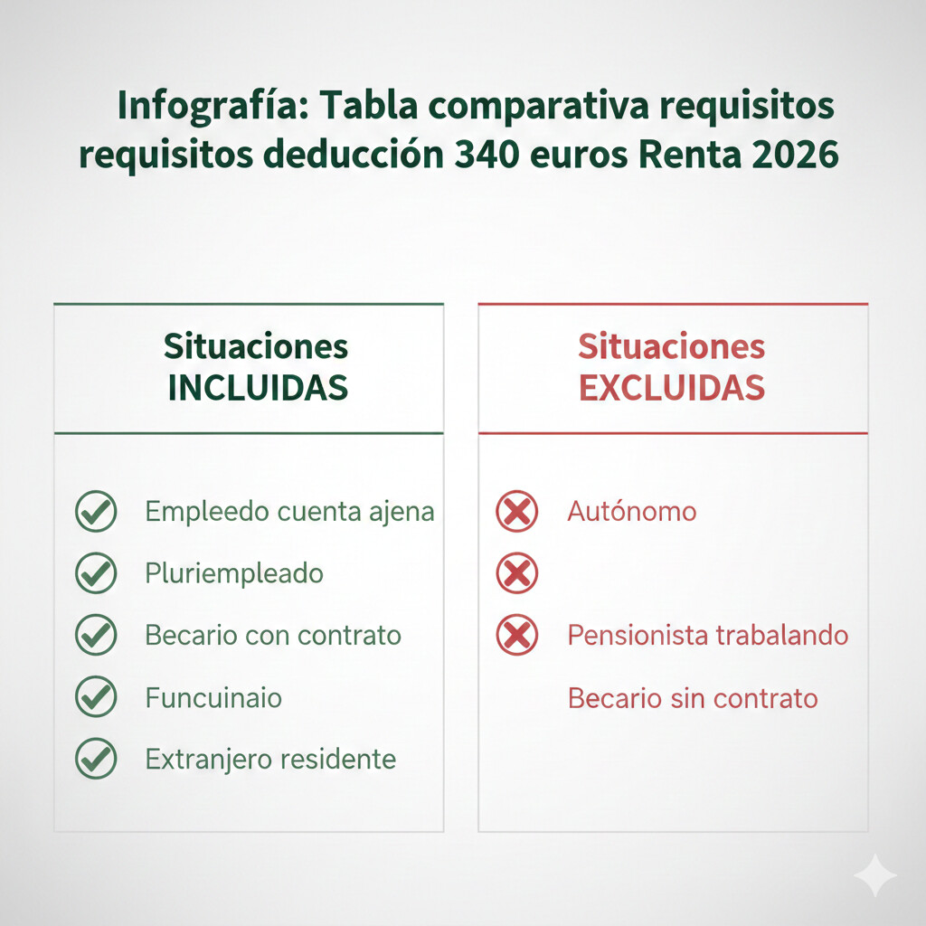 Tabla comparativa visual de situaciones incluidas y excluidas para deducción 340 euros Renta 2026 con checks verdes y cruces rojas