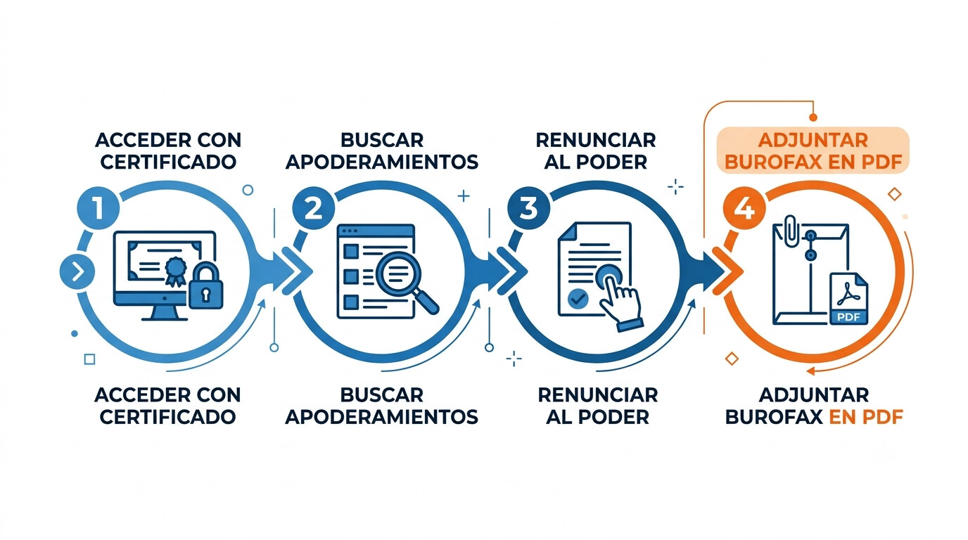 Esquema de los cuatro pasos para renunciar a un apoderamiento en la Sede Electrónica de la AEAT