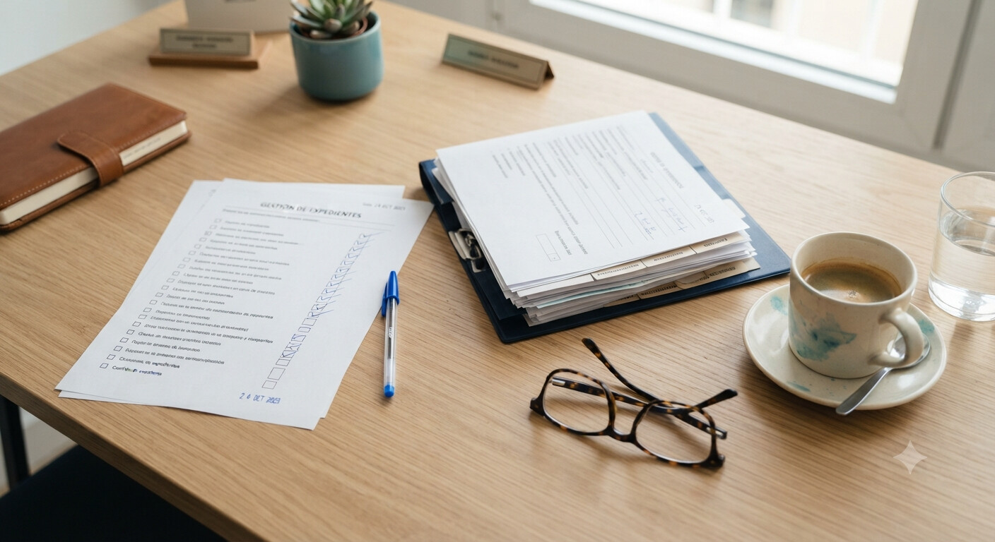 Checklist de verificación en papel sobre escritorio de gestoría con documentación de compraventa de inmueble antes de firmar la escritura
