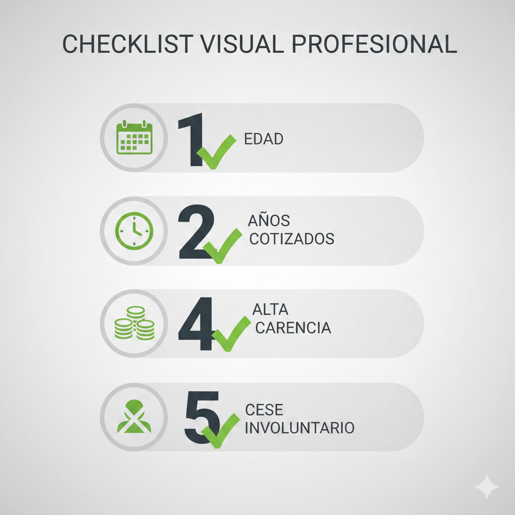 Checklist visual con 5 puntos de requisitos oficiales INSS para jubilación anticipada autónomos con iconos de verificación