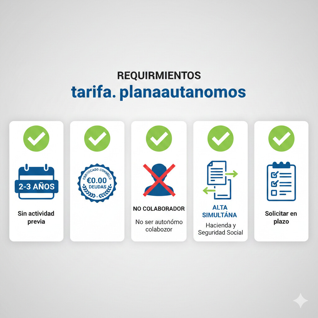 Infografía visual 5 requisitos obligatorios tarifa plana autónomos 2026 con iconos y checks verdes para cada requisito verificado