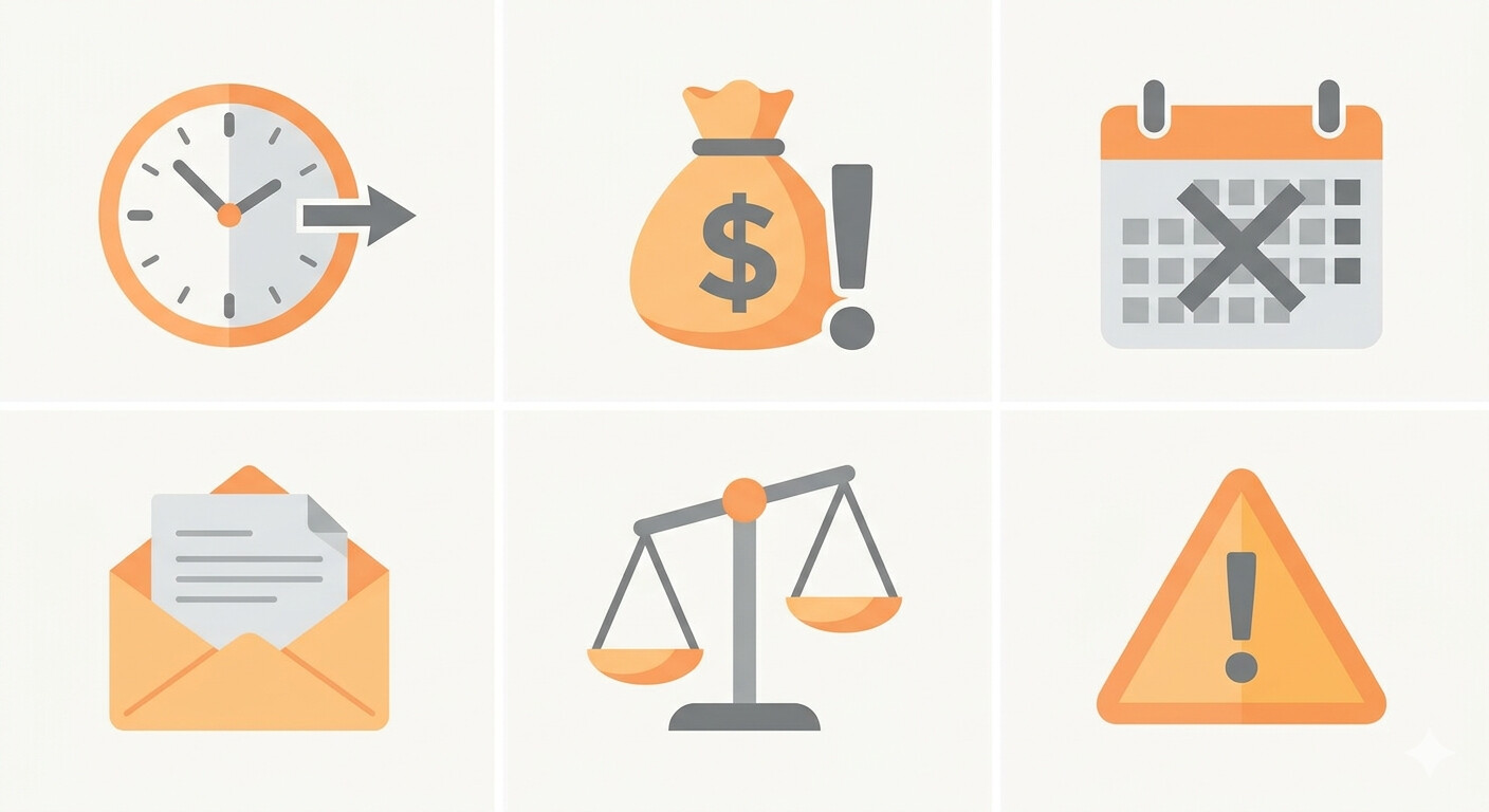 Infografía con seis iconos representando los errores más frecuentes en el rescate de planes de pensiones en España en 2026