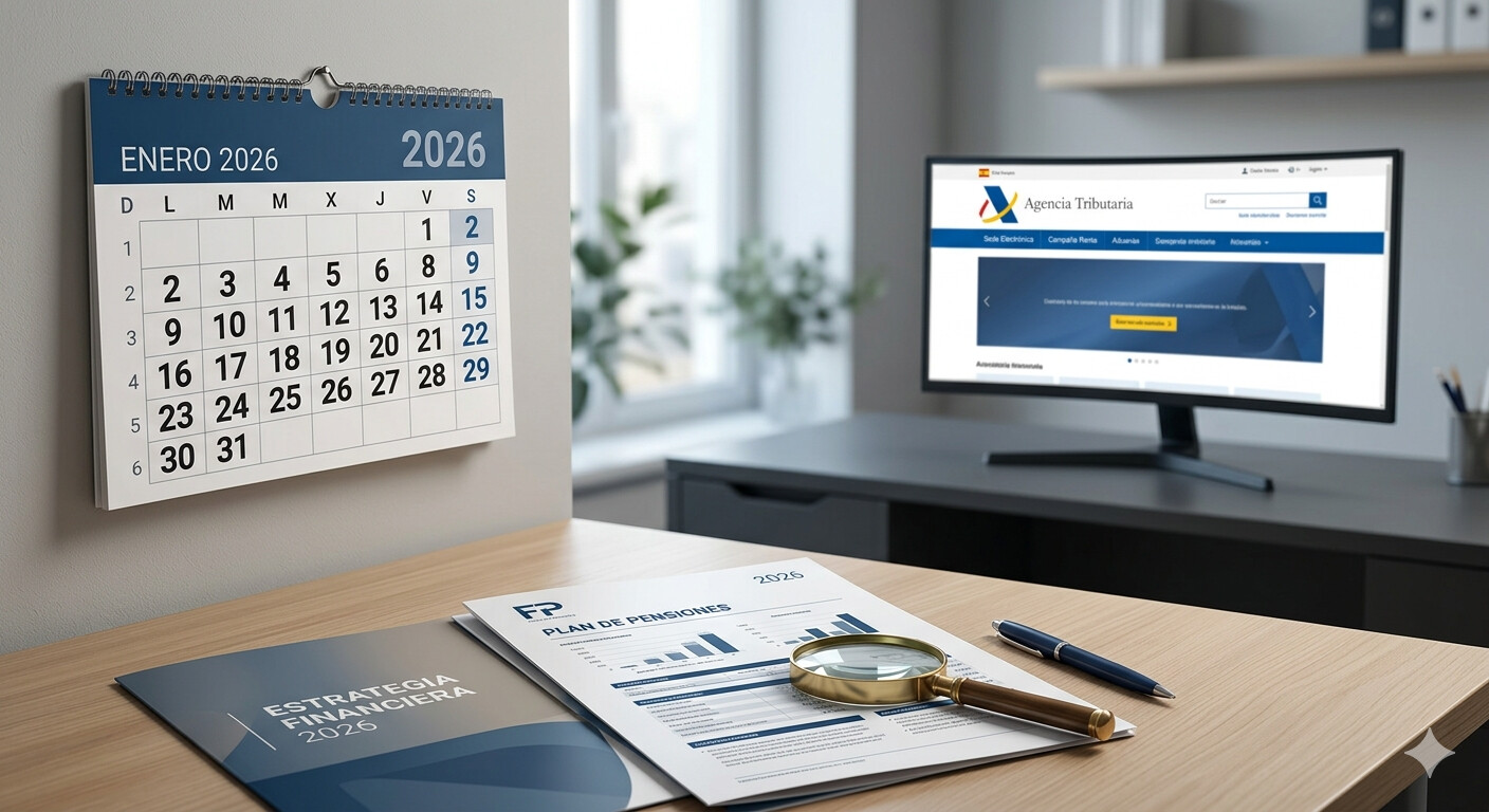Gestor fiscal español revisando documentación de plan de pensiones en 2026, campaña de la renta abierta en pantalla de ordenador