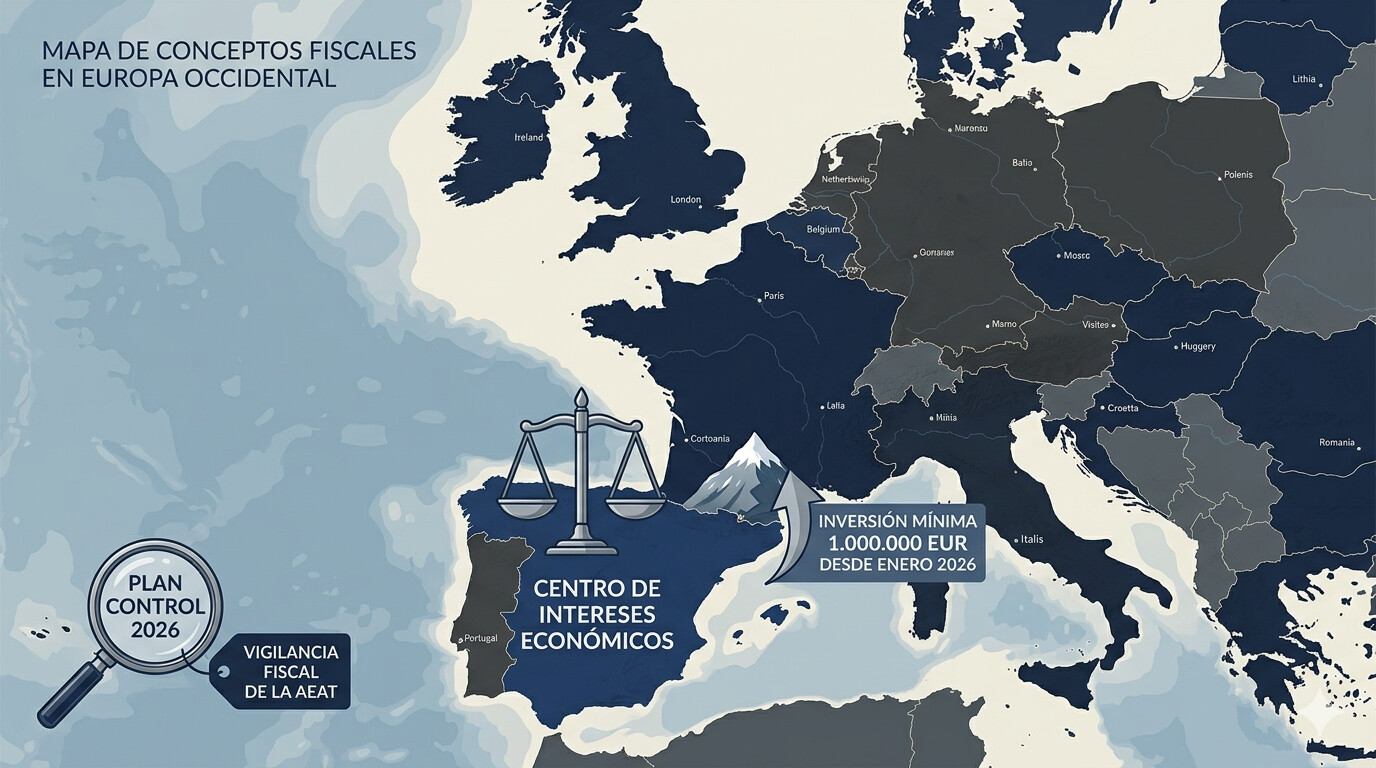 Mapa conceptual residencia fiscal influencers España 2026: criterios AEAT, centro de intereses económicos, caso Willyrex Vegetta777, reforma Andorra enero 2026